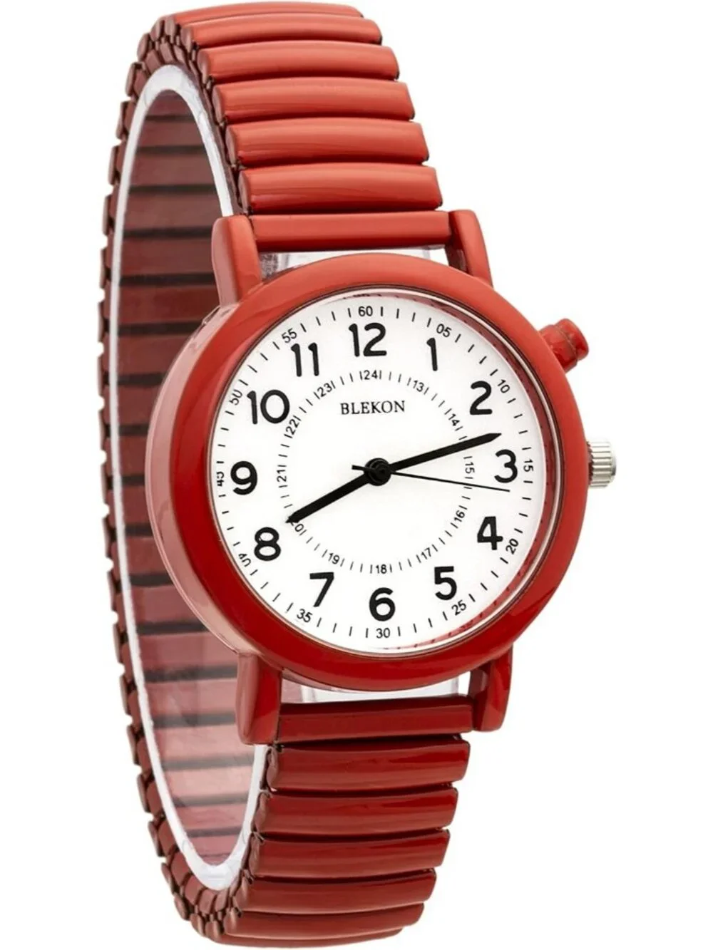 Women's Red Light Up Dial Analog Display Push Button Glossy Expansion Band Watch